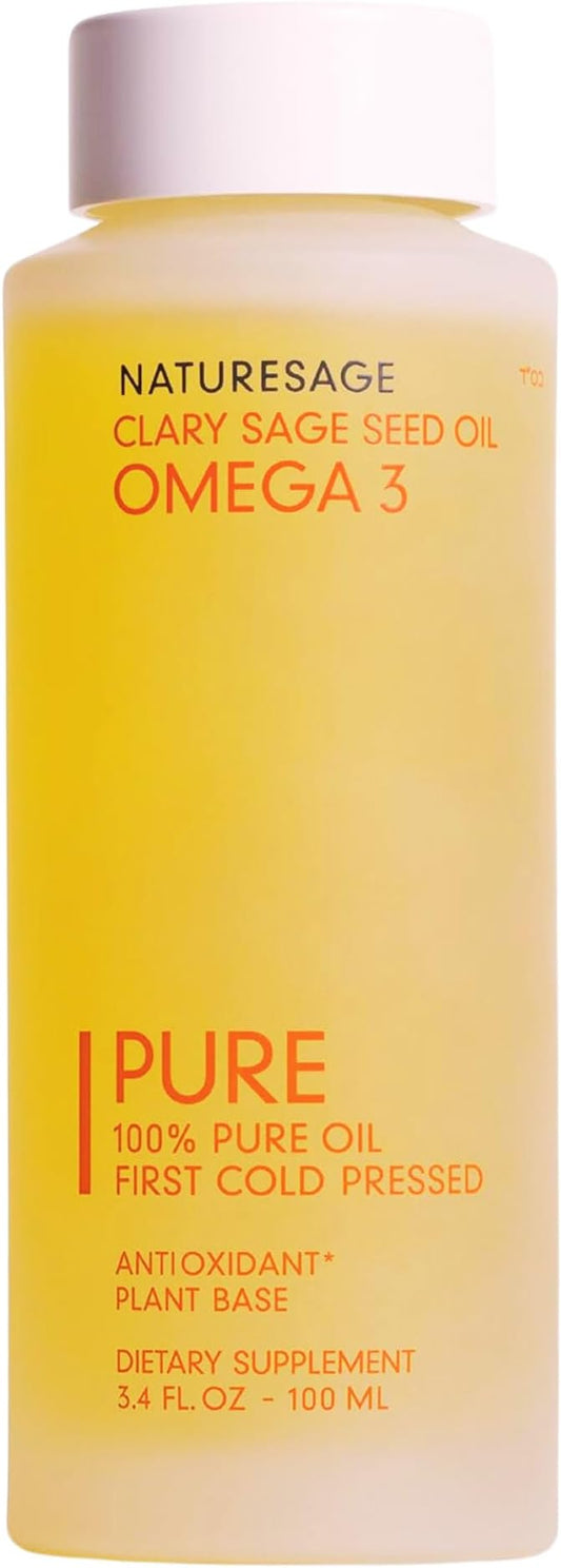 Pure Vegan Liquid Omega 3 Oil, Plant-Based Alternative to Omega 3 Fish Oil, 3.4 fl. oz. – Cold Pressed from Clary Sage Seed – Kosher - Omega 3 Fatty Acid Supplement with Antioxidants