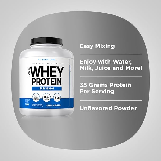 Fitness Labs Whey Protein Powder | 5 Lbs | 35g Protein | Unflavored | Easy Mixing Supplement | Non-GMO, Gluten Free