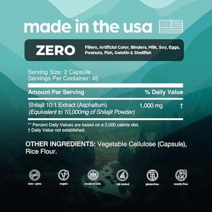 Thinbi Pure Himalayan Shilajit 10000mg Maximum Potency Organic Capsules 90 Count with Fulvic Acid & Trace Minerals for Enhanced Energy and Immune Support Men & Women Better Than Shilajit Resin