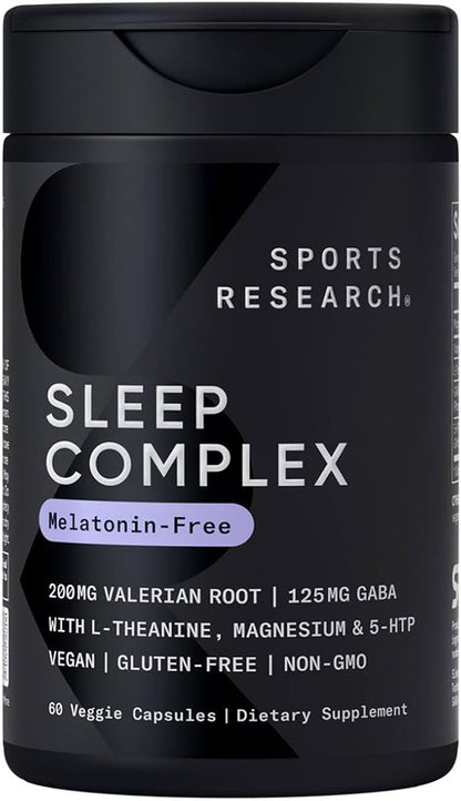 Sports Research® Sleep Complex- Melatonin-Free Vegan Capsules - with Valerian Root, GABA, L-Theanine, Magnesium & 5-HTP - 30 Servings
