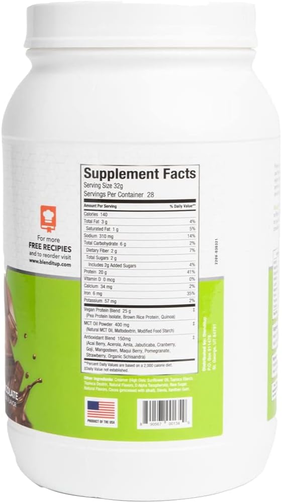 BlendItUp Chocolate Vegan Plant Protein Powder | Non GMO, Gluten Free | 20 G of Protein Per Scoop, 28 Servings | 4 Net Carbs