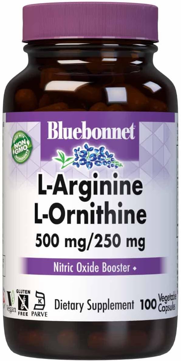 Bluebonnet Nutrition L-Arginine 500mg/L-Orinithine 250mg, Supports Protein Metabolism*, Soy-Free, Gluten-Free, Non-GMO, Kosher Certified, Vegan, 100 Vegetable Capsules
