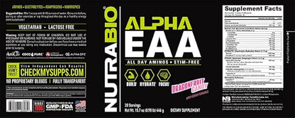 NutraBio Alpha EAA - All-Day Aminos - Recovery, Energy, Focus, and Hydration Supplement - Full Spectrum EAA BCAA Matrix, Electrolytes, Nootropics, Coconut Water - 30 Servings - Dragon Fruit