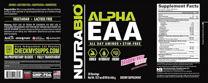 NutraBio Alpha EAA - All-Day Aminos - Recovery, Energy, Focus, and Hydration Supplement - Full Spectrum EAA BCAA Matrix, Electrolytes, Nootropics, Coconut Water - 30 Servings - Dragon Fruit