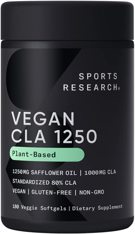 Sports Research Vegan CLA - 1250mg with Active Conjugated Linoleic Acid for Men & Women | Non-GMO, Soy & Gluten Free - 80% (180 Softgels)