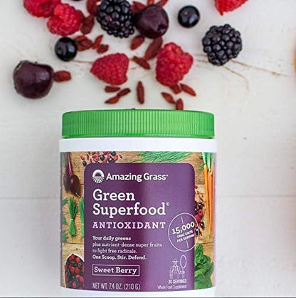 Amazing Grass Greens Superfood Antioxidant: Greens Powder with Organic Spirulina, Beet Root Powder, Elderberry & Probiotics, Sweet Berry, 60 Servings (Packaging May Vary)
