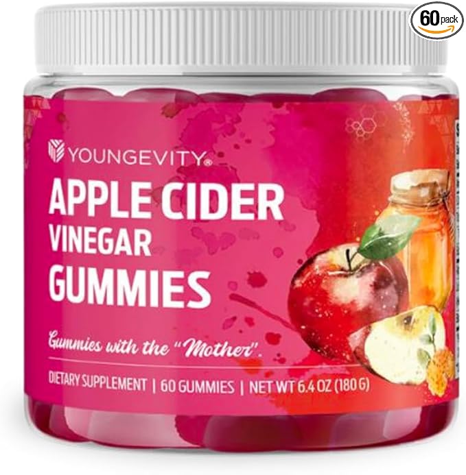 Youngevity Apple Cider Vinegar Gummies 500mg w/Raw ACV from The Mother, Detox Cleanse and Support Immunity, - 60 Gummy Vitamins
