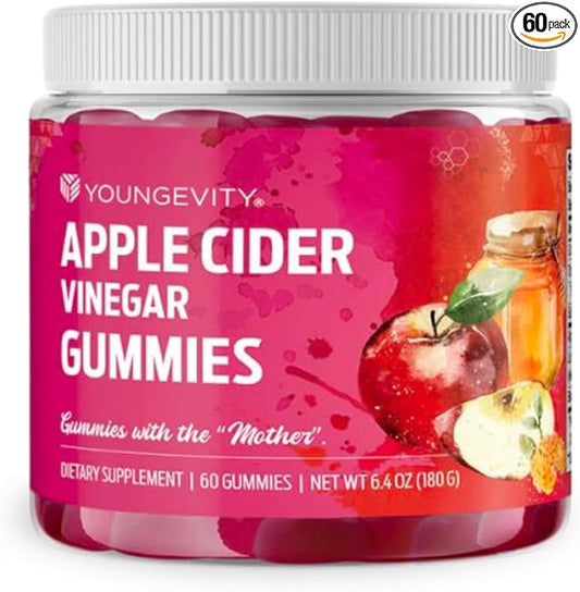 Youngevity Apple Cider Vinegar Gummies 500mg w/Raw ACV from The Mother, Detox Cleanse and Support Immunity, - 60 Gummy Vitamins