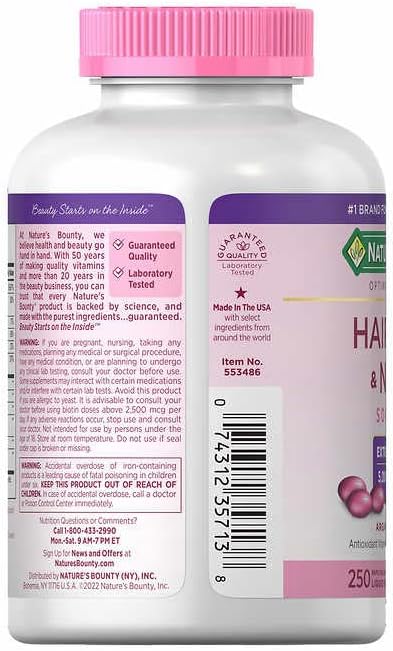 Nature's Hair, Skin and Nails, 250 Softgels Bundle - 5,000 mcg Biotin Dietary Vitamins, Minerals & Supplements for Lustrous Hair Nails & Skin Health