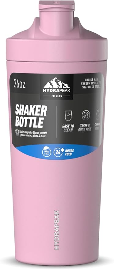 Hydrapeak Insulated Shaker Bottle, Shaker Bottles for Protein Mixes, Blender Shaker, Protein Shake Bottle, Stainless Steel Shaker Cup, Ice Shaker, Cotton Pink