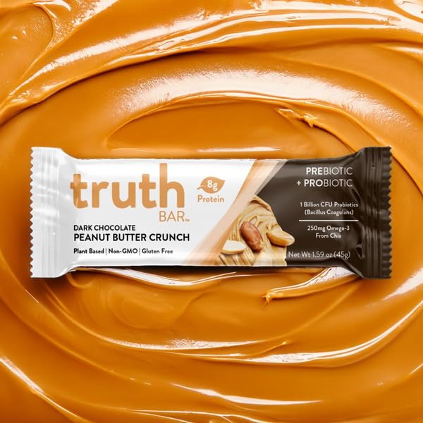 Truth Bar Prebiotic & Probiotic Keto Snack Vegan Bars with Omega-3's - Synbiotic High Fiber Snacks - Low Sugar, Kosher, Gluten Free - Dark Chocolate Peanut Butter Crunch (Pack of 12)