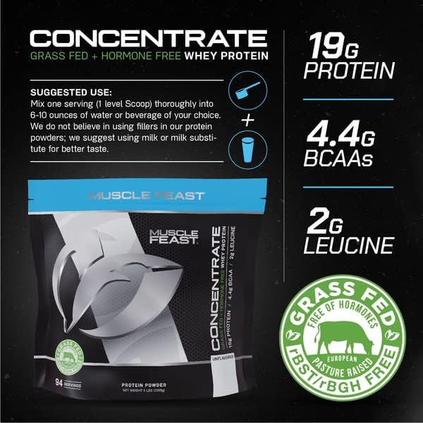 Muscle Feast Grass-Fed Whey Protein Concentrate Powder, All Natural Hormone Free Pasture Raised, Unflavored, 5lb