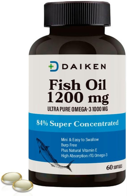 DAIKEN rTG Omega 3 1000mg, High Absorption & Burpless Fish Oil 1200 mg, Mini Fish Oil Softgels for Healthy Heart, Brain and Dry Eyes Support, 60 Small Softgels