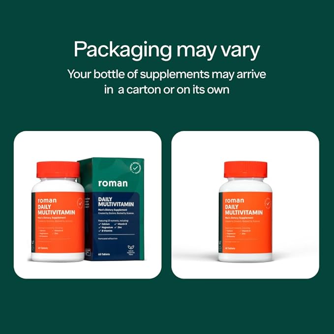 ROMAN Daily Multivitamin for Men | Supports Physical Activity, Brain + Heart Health, and Immune System with 23 Key Nutrients Including Calcium, Magnesium, and Zinc | 30-Day Supply (60 Tablets)