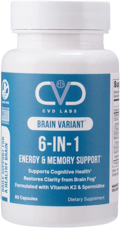 Brain Variant 6-in-1, Post Sickness Brain Fog, Energy & Memory Focus Support Supplement with Nootropic Ingredients for Focus, for Women & Men, 60 Capsules