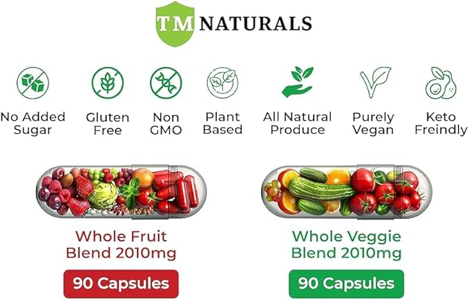 Fruit and Veggies Supplement - Super Greens Men's and Women's Multivitamin -90 Fruit and 90 Vegetables Capsules - Boost High Protein & Energy - 90 Count (Pack of 2) + Travel Size Pill Box