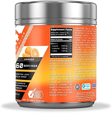 BCAA 2:1:1 Branched Chain Amino Acids Supplement | 6000 Mg Per Serving | Orange Flavor | 60 Servings