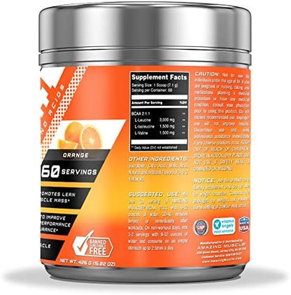 BCAA 2:1:1 Branched Chain Amino Acids Supplement | 6000 Mg Per Serving | Orange Flavor | 60 Servings