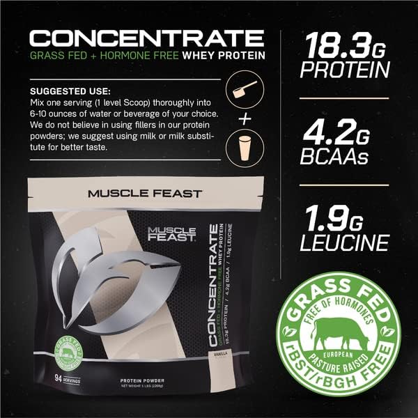 Muscle Feast Grass-Fed Whey Protein Concentrate Powder, All Natural Hormone Free Pasture Raised, Vanilla, 5lb