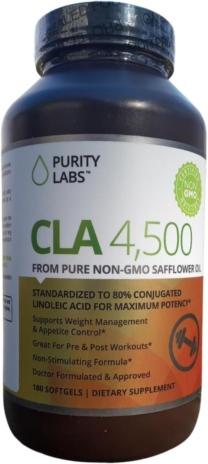 Purity Labs CLA Supplements 4500MG - Non-GMO Safflower Oil - Supports Energy, Weight Loss, Heart Health, and Muscle Health - 180 Soft gels
