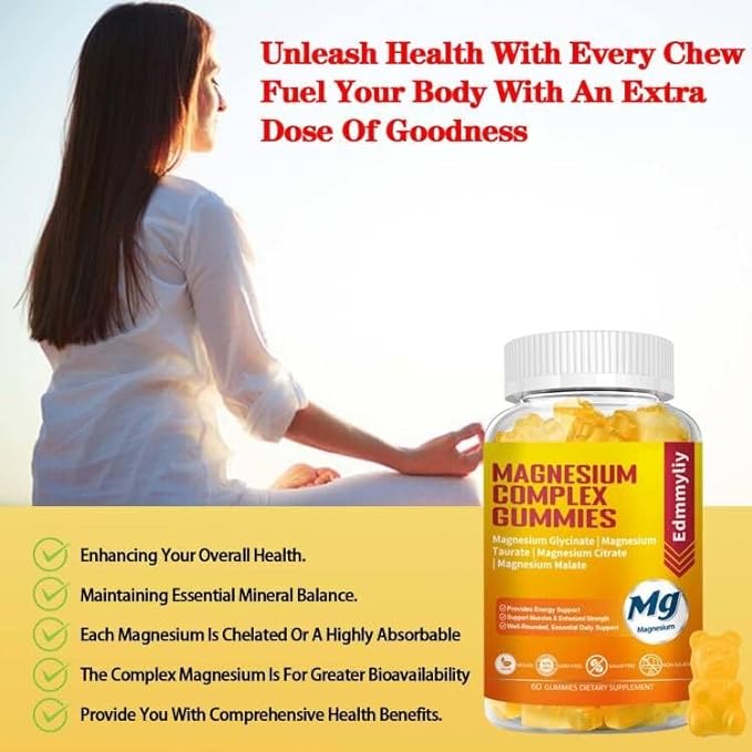 Triple Magnesium Complex Gummies Supplement for Women & Men Sugar Free High Absorption Magnesium Glycinate, Taurate, Malate, Citrate Complex Supplement with Vitamin B6, B12 & D3 for Adult…