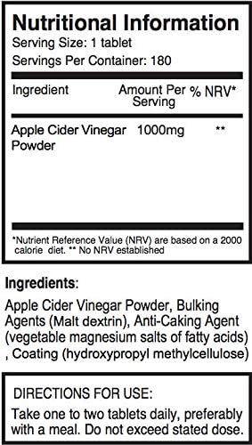 Double Strength Apple Cider Vinegar 1000mg x 720 Tablets (4 Bottles of 180 Tablets - 2 Years Supply)
