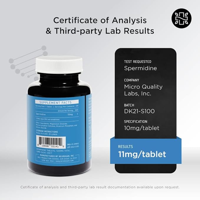 Neurogan Spermidine Supplement - 1200mg - 99% Pure 100x More Potent Than Rice & Wheat Germ Extract - for Cellular Health, Anti-Aging & Energy* - Made in USA - 10MG Per Serving - 120 Servings