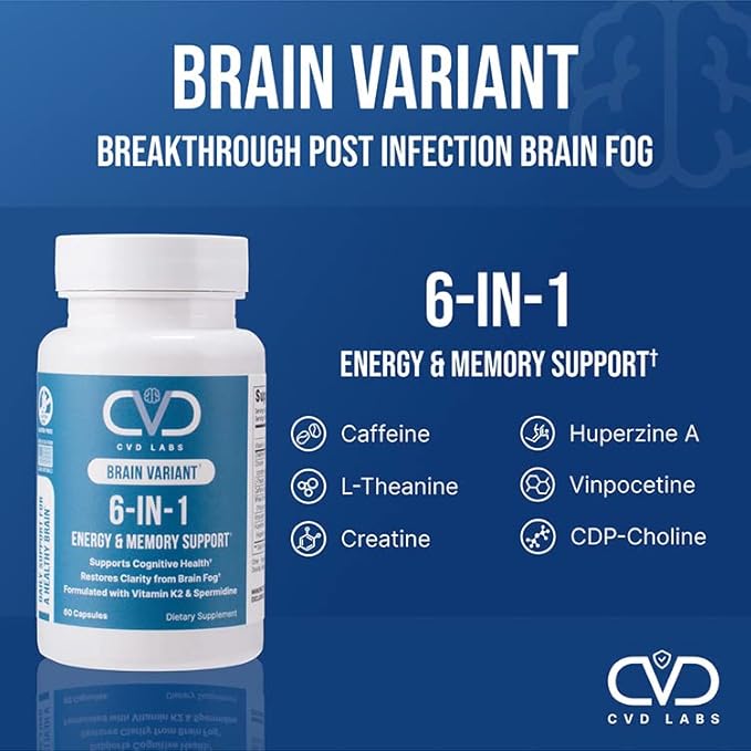 Brain Variant 6-in-1, Post Sickness Brain Fog, Energy & Memory Focus Support Supplement with Nootropic Ingredients for Focus, for Women & Men, 60 Capsules