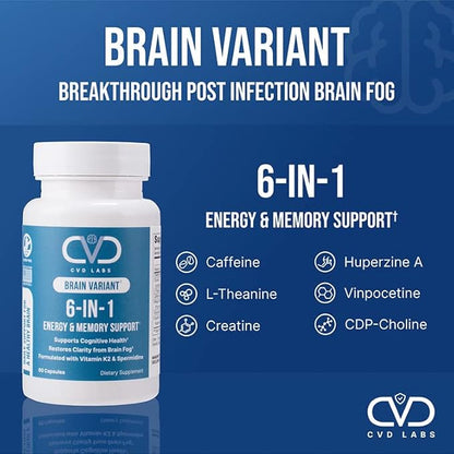 Brain Variant 6-in-1, Post Sickness Brain Fog, Energy & Memory Focus Support Supplement with Nootropic Ingredients for Focus, for Women & Men, 60 Capsules