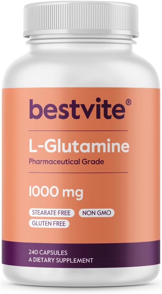 BESTVITE L-Glutamine 1000mg per Capsule (240 Capsules) - Free Form - No Stearates - No Fillers - Gluten Free - Non GMO - Pure L Glutamine Supplement - Maximum Strength Glutamine Capsules