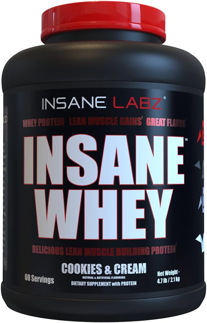 Insane Labz Insane Whey,100% Muscle Building Whey Protein, Post Workout, BCAA Amino Profile, Mass Gainer, Meal Replacement, 5lbs, 60 Srvgs, (Cookies & Cream)