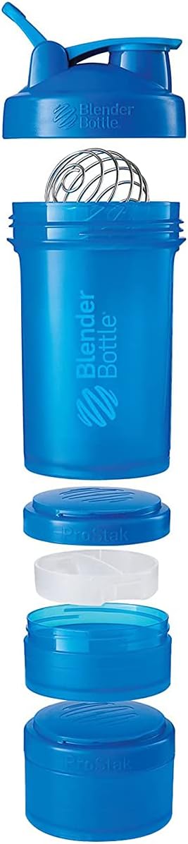 BlenderBottle Shaker Bottle with Pill Organizer and Storage for Protein Powder, ProStak System, 22-Ounce, Cyan