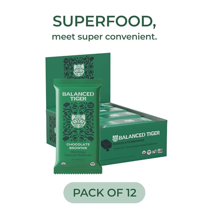 Organic Functional Mushroom Protein Bars | Full Dose (1500mg) Lions Mane, Chaga, Reishi & Cordyceps Bars | Vegan Protein Bars, Adaptogens, Superfoods Protein Bars | Chocolate Brownie Flavor