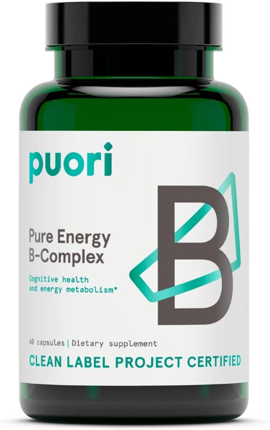 Puori Pure Energy Vitamin B-Complex with 8 Essential Vitamins - Active & Methylated B Vitamins (Thiamin, Riboflavin, Niacin, B6, Folate & B12) - Biotin, Inositol, Pantothenic Acid & Choline