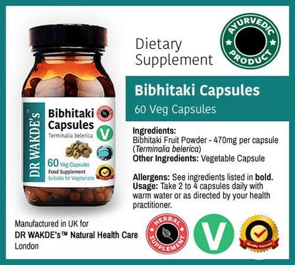 DR WAKDE'S Bibhitaki Capsules (Beheda, Terminalia belerica, 60 Veg Caps, Plant-Based Supplement, Ayurvedic Herb, All Natural, Vegan)