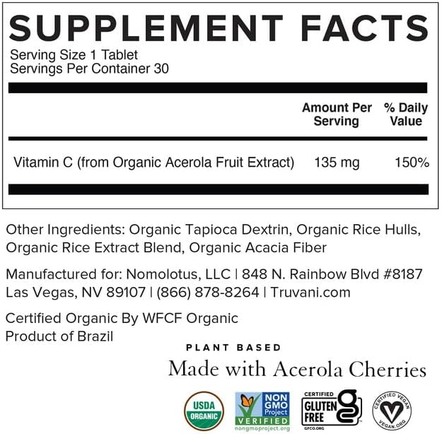 Truvani Vitamin C | USDA Organic | High Absorption, Antioxidant Supplement, Higher Bioavailability Immune System Support | Made with Real Food | 30 Servings