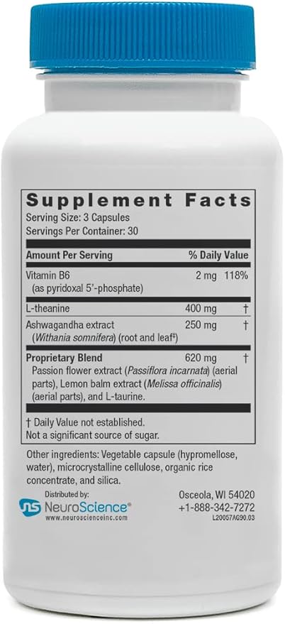 NeuroScience Alpha GABA Supplement - Non-Drowsy Calm Aid with Vitamin B6, Lemon Balm, Sensoril Ashwagandha & L Theanine Supplement - Help Soothe Anxiousness, Day or Night (90 Capsules)