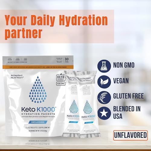 Hi-Lyte Keto K1000 Electrolyte Packets | Unflavored | Hydration Supplement Drink Mix | Boost Energy & Beat Leg Cramps | No Sugar, No Stevia, No Maltodextrin | 30 Servings