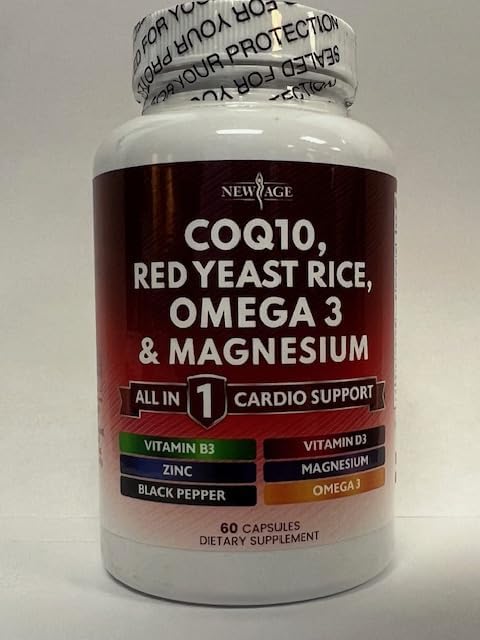 NEW AGE COQ10 200mg Red Yeast Rice 3000mg Omega 3-6-9 3000mg Magnesium Complex 500mg Zinc Vitamin K2 D3 - Vitamins for Women and Men with Vitamin B3, Coenzyme Q10-120 Count