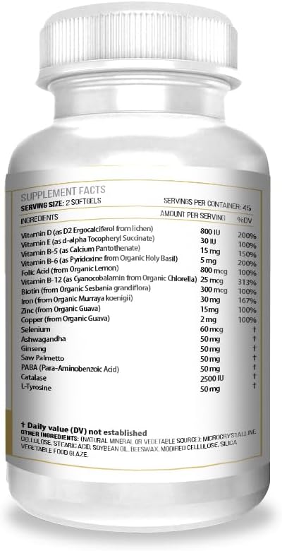 ACTIF Anti-Gray Hair Mega Support for Women with 15+ Advanced Hair Factors, Catalase, Biotin, PABA, Non-GMO, Made in USA, 90 Count