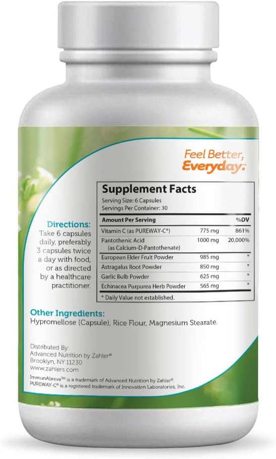 Zahler ImmunAbreve, Powerful Immune System Support, Contains Vitamin C Pantothenic Acid Echinacea and More, Certified Kosher (180 Capsules)