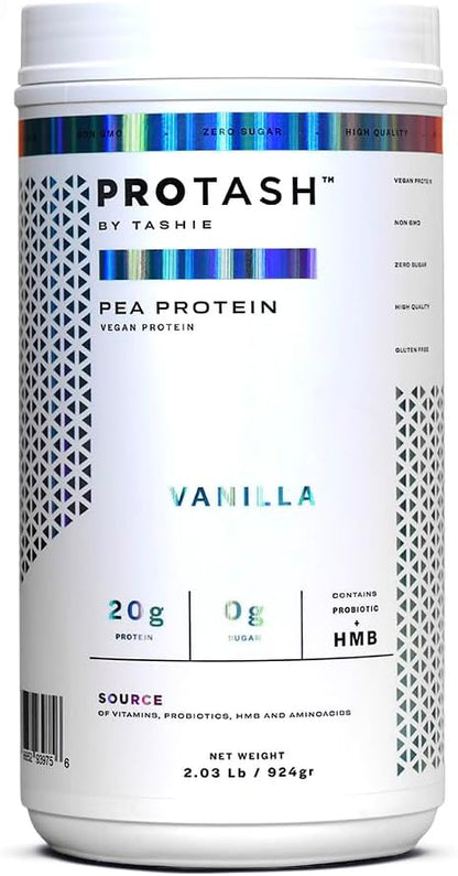Vegan Protein Powder Vanilla by TASHIE - Organic Plant Based Protein Powder with BCAA, HMB & Probiotics, Zero Sugar, Non-GMO, Gluten Free, Keto-Friendly, NSF Certified - 28 Servings