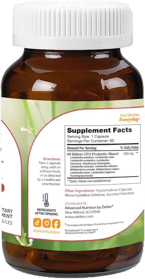 Zahler BioDophilus High Potency Probiotic Formula 60 Billion Live & Active CFUs - 60 Capsules