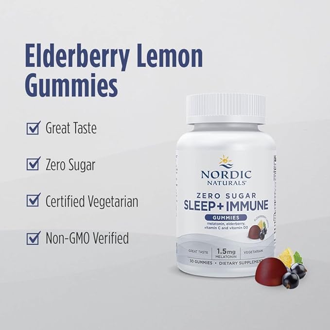 Nordic Naturals Zero Sugar Sleep + Immune Gummies - Elderberry Lemon Flavor - 30 Gummies - 1.5 mg Melatonin Gummies for Sleep with Vitamin D3 - Elderberry & Vitamin C Immune Support - 30 Servings