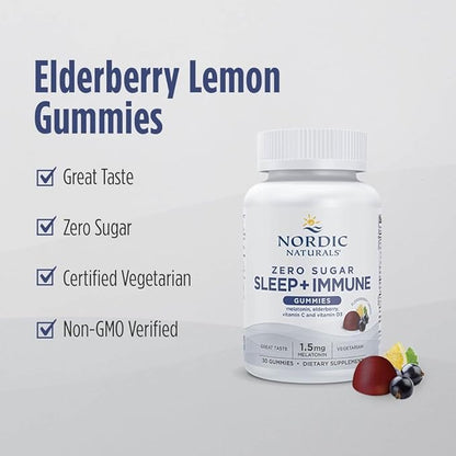 Nordic Naturals Zero Sugar Sleep + Immune Gummies - Elderberry Lemon Flavor - 30 Gummies - 1.5 mg Melatonin Gummies for Sleep with Vitamin D3 - Elderberry & Vitamin C Immune Support - 30 Servings