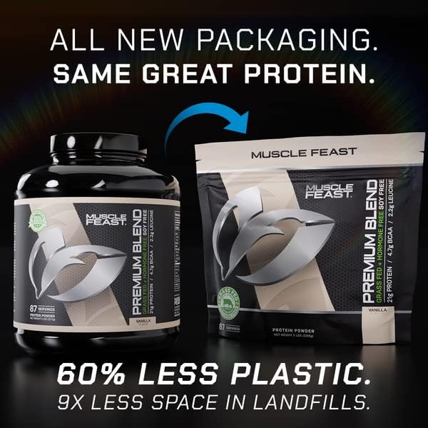 Muscle Feast Grass Fed Premium Blend Whey Protein, Hydrolyzed Whey, Isolate, Micellar Casein, Kosher Certified, 21g Protein, 100 Calories (Vanilla, 5lb)