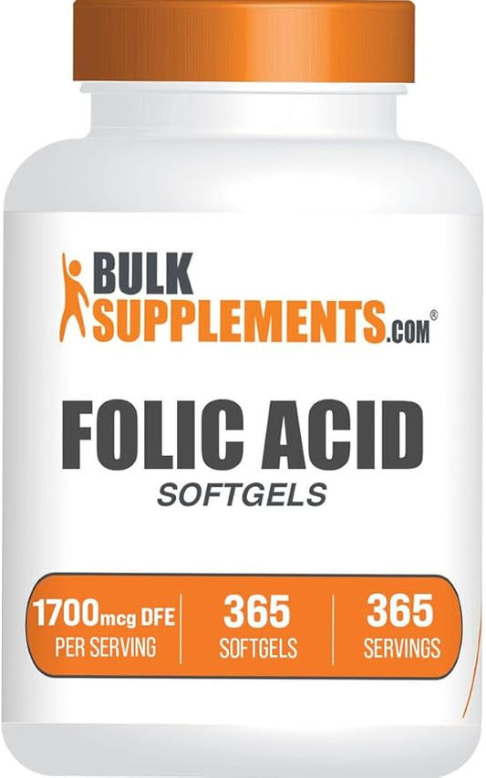 BulkSupplements.com Folic Acid Softgels - Vitamin B9, Folic Acid Supplement, Folic Acid 1700 mcg - Folate Supplement, Gluten Free, 1 Softgel per Serving, 365 Count (Pack of 1)