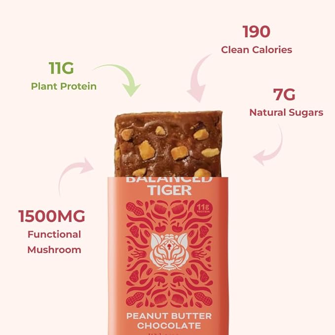Organic Functional Mushroom Protein Bars | Full Dose (1500mg) Lions Mane, Chaga, Reishi & Cordyceps Bars | Vegan Protein Bars, Adaptogens, Superfoods Protein Bars | Peanut Butter Chocolate Flavor