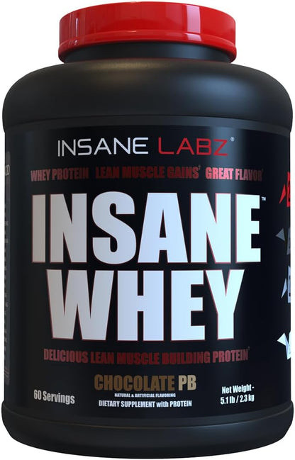 Insane Labz Insane Whey,100% Muscle Building Whey Protein, Post Workout, BCAA Amino Profile, Mass Gainer, Meal Replacement, 5lbs, 60 Srvgs (Packaging May Vary) (Chocolate Peanut Butter)