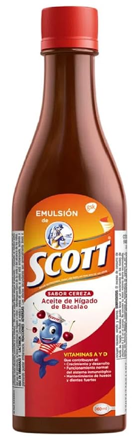 Scott's Emulsion Cherry Flavor (360 ml) with a Tarrito Rojo Multivitamin bag (80g)